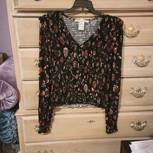 American Rag Black with Dusty Rose Floral Print Blouse Size Small